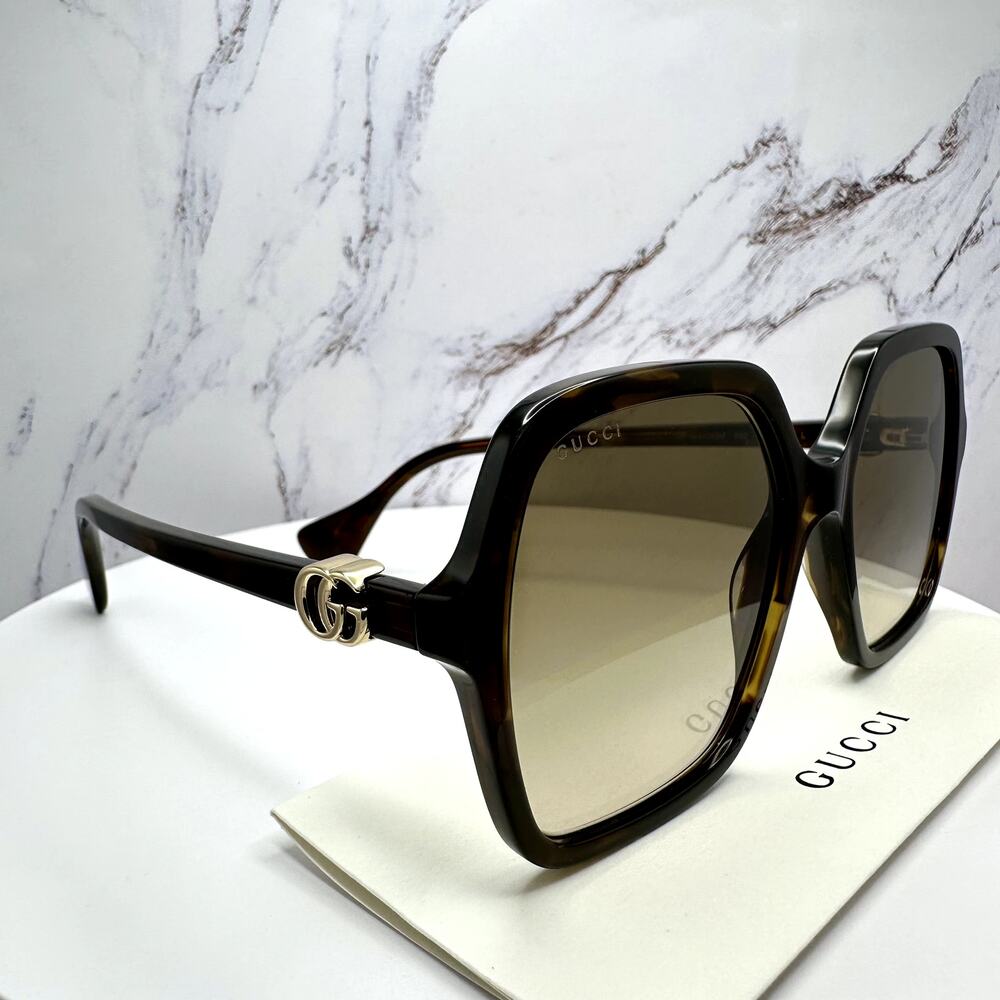 New GUCCI Sunglasses Brown Square Oversized Gold Metal GG Logo 56mm - Picture 9 of 16
